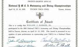 Bill Radack's  1955 YMCA National Swimming and Diving Championship participation certificate.