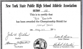 NYSPHSAA Section VI 1970 certificate for 100 yard dash. May 27, 1970.