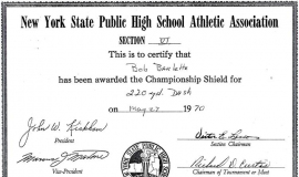 NYSPHSAA Section VI 1970 certificate for 220 yard dash. May 27, 1970.