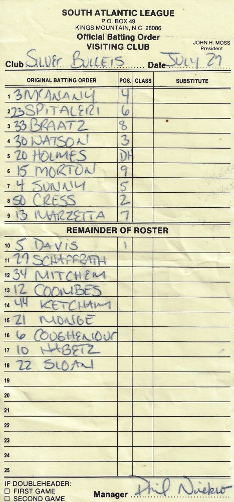 Silver Bullets lineup card.
