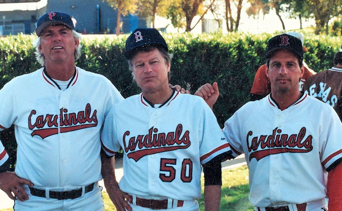 Through the years, Charlie LaDuca, right, has played in Men’s Senior Baseball League World Series with former Major Leaguers, including pitchers Bill Lee,  left, and Jim Bouton, center.