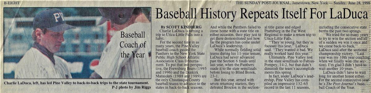 Baseball History Repeats Itself For LaDuca. June 28, 1998.