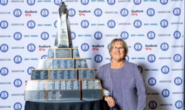Greater Buffalo Sports Hall of Fame trophy with Cheryl Bailey. November 8, 2023.