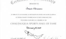 Dennis Meszaros Chautauqua Sports Hall of Fame certificate of membership. 2008.