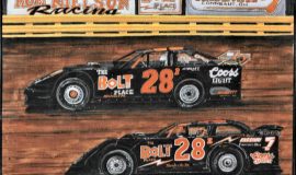 Drawing of race cars driven by Dick Barton