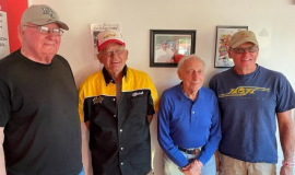 Left to right:  CSHOF auto racing inductees Skip Furlow, Sammy LaMancuso and Dick Barton pose with Stateline Speedway owner Jim Scott (second from left) on June 3, 2023.