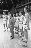 Legendary UNC coach Dean Smith with players from his 1972-73 team. Left to right: Bobby Jones, John O'Donnell, Ray Hite, George Karl, Darrell Elston, and Donn Johnston.