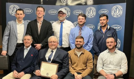 At the 2024 CSHOF induction are front row: Don Mansfield, Doug Kaltenbach, Mike Poletto and Jonathan Wilson. Back row: Nick Bertrando, Max Bates, Brent Schuster, Brock Schuster, and Brandon Johnson.