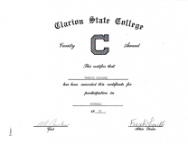 Clarion State College football certificate.  1967.