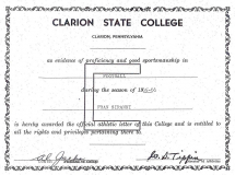 Clarion State College football certificate.  1965-66.