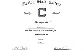 Clarion State College football certificate.  1968.