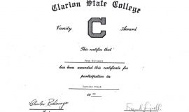 Clarion State College track certificate.  1969.