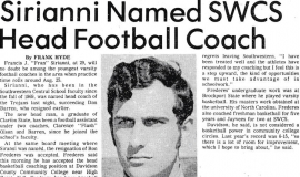 Sirianni Named SWCS Head Football Coach.  August 10, 1976.