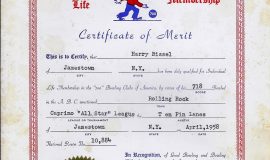 Certificate of Merit acknowledging 718 series bowled in 1958.