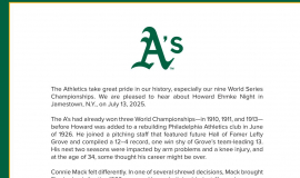 A's letter regarding Howard Ehmke Night. July 2025.