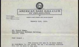 Connie Mack's contract offer cover letter to  Howard Ehmke, page 1. January 31, 1928.