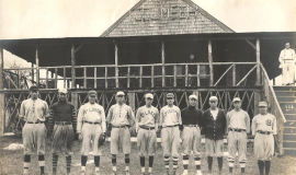 Howard Ehmke (far left) at Camp Tecumseh in the White Mountains of New Hampshire. Note SCHS (Silver Creek High School on uniform). His brother Lester is fourth from the left.