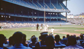 Irv Noren at bat at Yankee Stadium. Mickey Mantle is on deck. June 17, 1953.