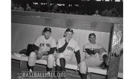 Irv Noren, Casey Stengel and Willy Miranda in the Yankee dugout. 1953.