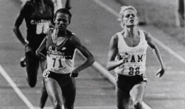 Karen Bakewell racing at NCCA Division I National Track & Field Championships in Indianapolis, 1986.