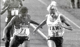 Karen Bakewell winning at NCCA Division I National Track & Field Championships in Indianapolis, 1986.