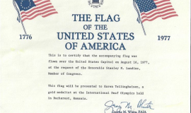 Certificate that came with flag flown at U.S. Capitol presented to Karen Tellinghuisen.