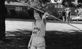 Karen Tellinghuisen with a javelin, 1977.