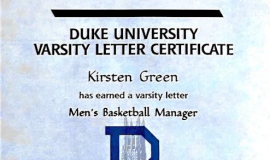 Kirsten Green's Duke University varsity letter certificate. 1996-97.
