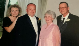 Left to right: Kristal Hungate and Mark Rodgers, his children and his wife, Janet, with Larry Rodgers.