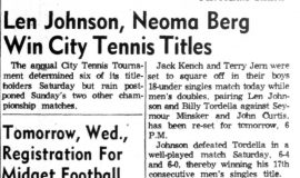 Len Johnson, Neoma Berg Win City Tennis Titles.  P-J-8-22-60