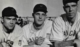 Lyle Parkhurst, Charles Schupp & Chuck Medlar (left to right),  Jamestown Falcons at Municipal Stadium. 1942.