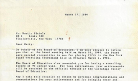 Congratulatory  letter from school superintendent. March 17, 1986.