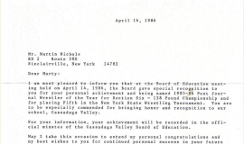 Congratulatory  letter from school superintendent. April 16, 1986.