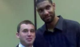 Nolan Swanson with NBA superstar Tim Duncan. Photo taken at Wake Forest in 2012. Swanson is a 2011 Wake Forest Sports Hall of Famer. Duncan is a 2009 Wake Forest Hall of Famer.