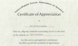 Intercollegiate Soccer Association of America certificate of appreciation. December 28, 1976.