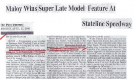 Maloy Wins Super Late Model Feature At Stateline Speedway. April 27, 2009.
