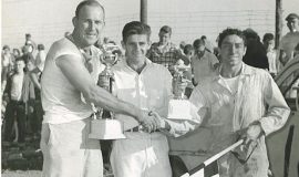 Joe Sauner, Sammy LaMancuso and Marv Thorpe. Stateline Speedway, September 2, 1956.