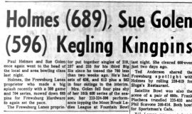 Holmes (689), Sue Golen (596) Kegling Kingpins. January 19, 1966.