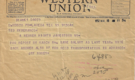 1952 telegram offering Ted Wyberanec reporting information. 