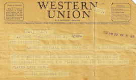 1952 telegram offering Ted Wyberanec congratulations. 