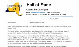Tom Priester's notification of induction into Section VI Hall of Fame, July 2022.