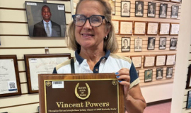 Amy Denn visited the CSHOF in July 2025. She is the third cousin, twice removed of Vincent Powers. 