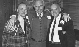 Walt Brown (left) and Lyle Parkhurst (right) with Montreal Expos manager Jim Fanning at their 1982 CSHOF induction.