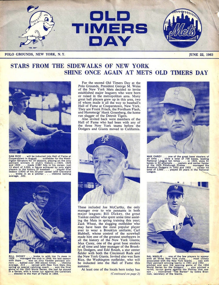 1963 New York Mets Old Timers Day program book page 1