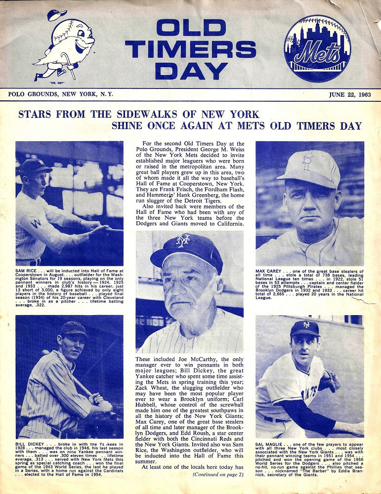 1963 NY Mets Old Timers Game Program - Chautauqua Sports Hall of Fame