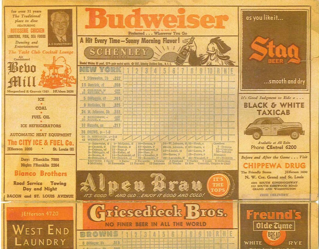 1947 St. Louis Browns score card page 2