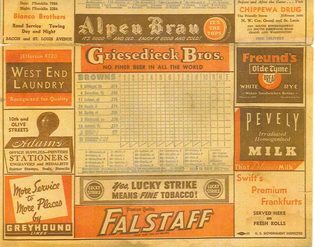 1947 St. Louis Browns score card page 3