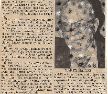 Post-Journal article from April 16, 1981 announcing Marty Haines resignation from Jamestown Area Bowling Association's secreatary-treasurer position.