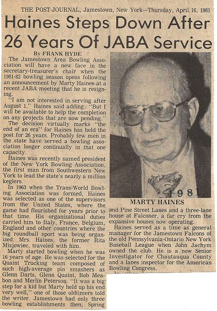 Post-Journal article from April 16, 1981 announcing Marty Haines resignation from Jamestown Area Bowling Association's secreatary-treasurer position.