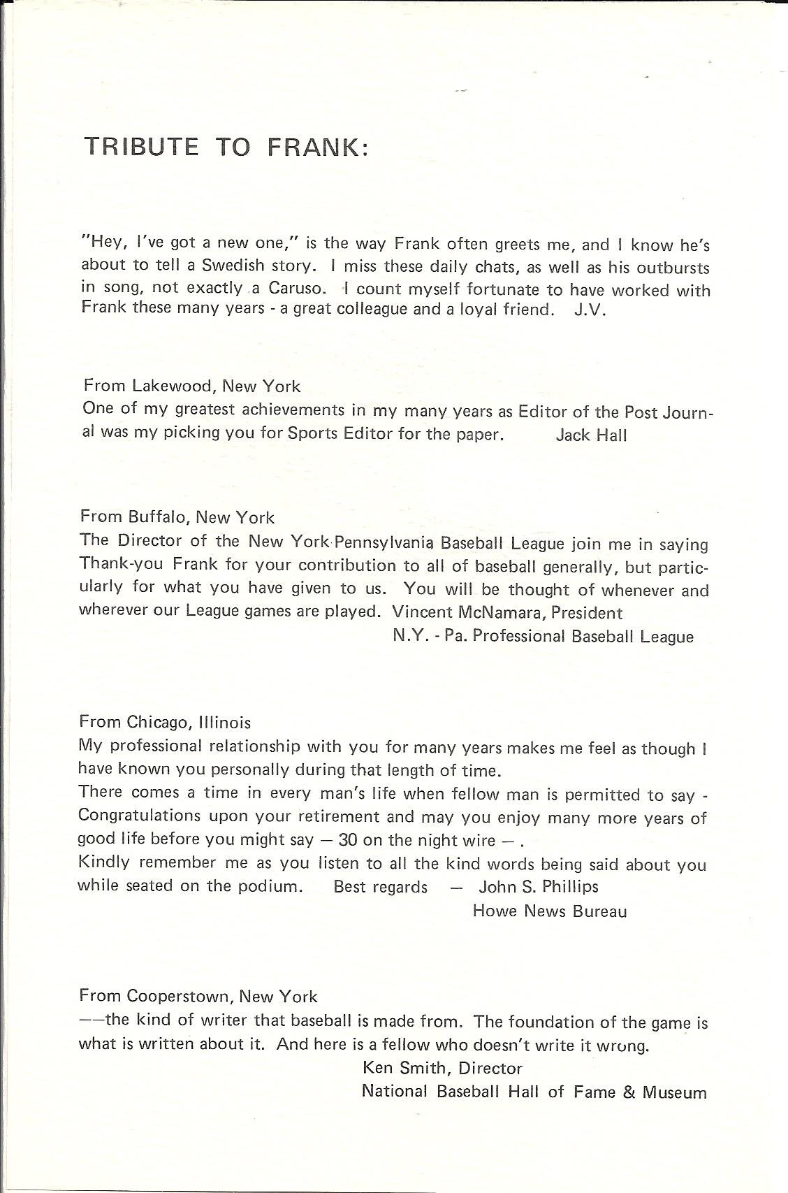 Frank Hyde Testimonial Dinner program booklet page 5